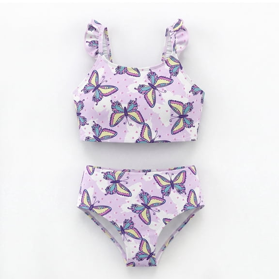 NIPAXO Girls Two Piece Swimsuit Flutter Ruffle Strap Tankini Top Bikini Bottom Floral Butterfly Swimwear for Toddler Little Kids Age 9-10 Years