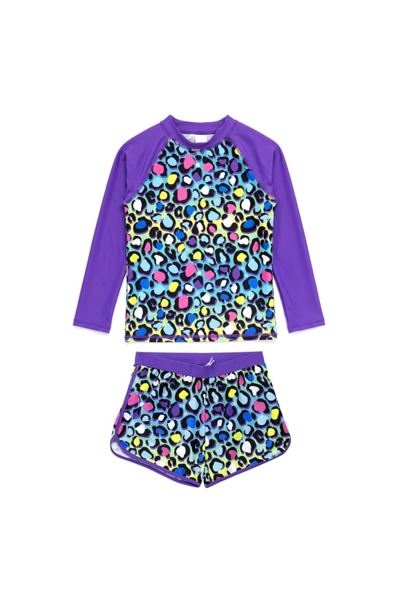 Girls Two Piece Swimsuit Set Long Sleeve Rash Guard Board Shorts Floral Leopard Fish Sun Protection Swimwear for Girls Age 4-5 Years