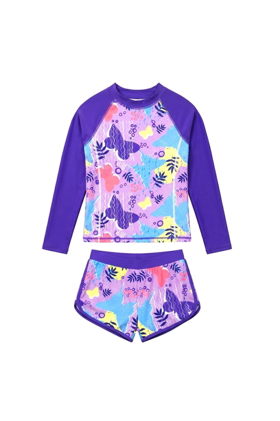 Girls Two Piece Swimsuit Set Long Sleeve Rash Guard Board Shorts Floral Leopard Fish Sun Protection Swimwear for Girls Age 4-5 Years