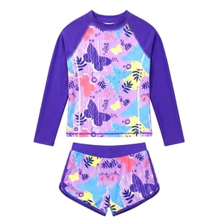 NIPAXO Girls Two Piece Swimsuit Set Long Sleeve Rash Guard Board Shorts Floral Leopard Fish Sun Protection Swimwear for Girls Age 4-5 Years
