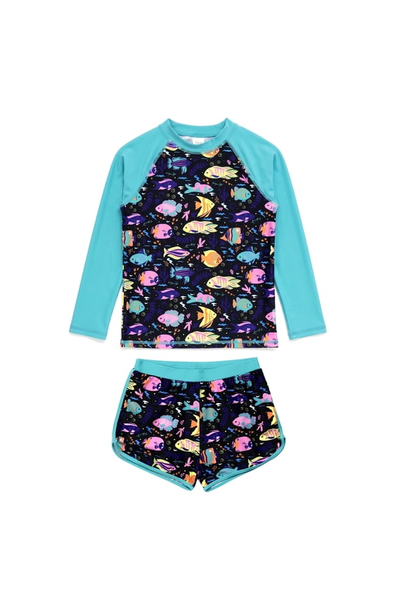 Girls Two Piece Swimsuit Set Long Sleeve Rash Guard Board Shorts Floral Leopard Fish Sun Protection Swimwear for Girls Age 4-5 Years