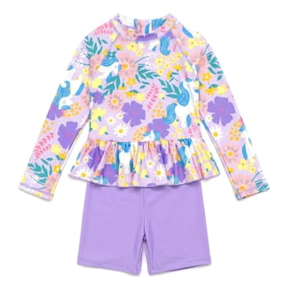 NIPAXO Girls Two Piece Swimsuit Set Long Sleeve Rash Guard Peplum Skirted Top Shorts Unicorn Floral Sun Protection Swimwear for Toddler Age 9-10 Years
