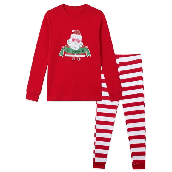 NIPAXO Kids Christmas Pajamas Set Long Sleeve Santa Graphic Top and Red White Striped Pants Holiday Sleepwear for Girls Boys