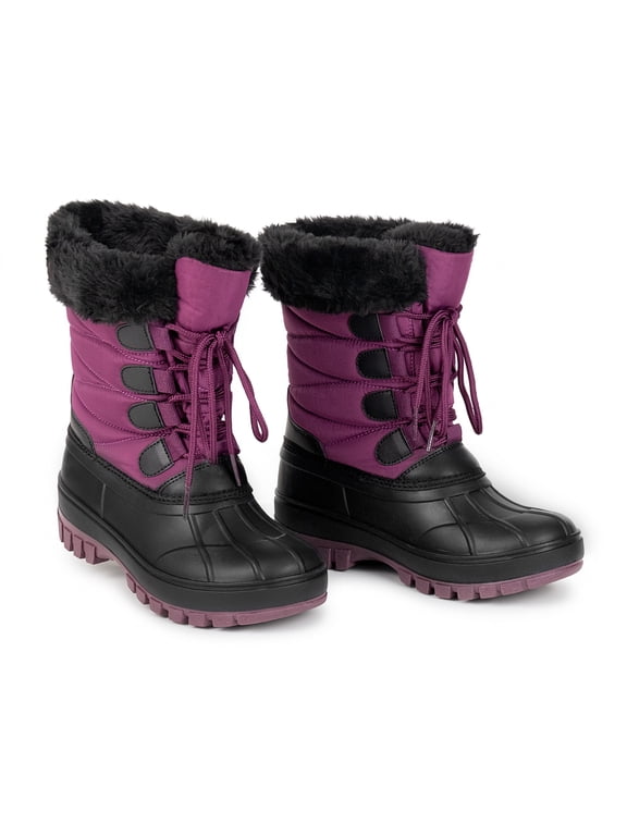 Kids Snow Boots Waterproof Purple and Black Faux Fur Collar Classic Lace-Up Winter Boots for Boys Girls