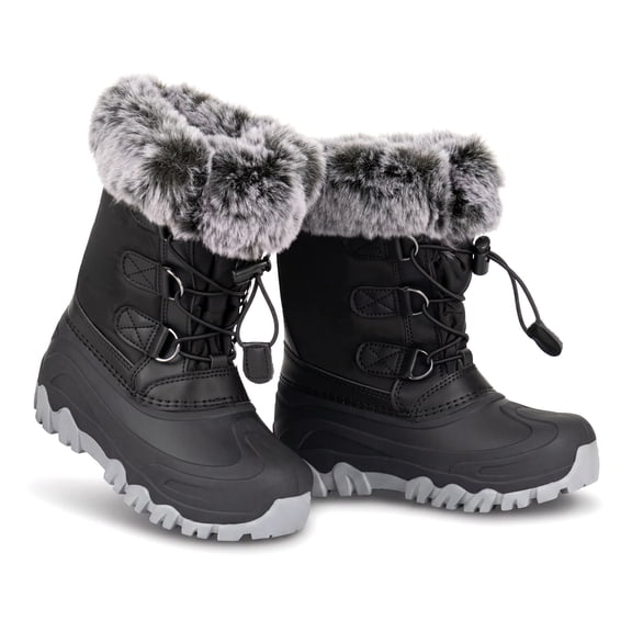 NIPAXO Kids Snow Boots Waterproof Winter Boots All Black Faux Fur Collar Bungee Lacing Outdoor Cold Weather Winter Boots for Boys Girls