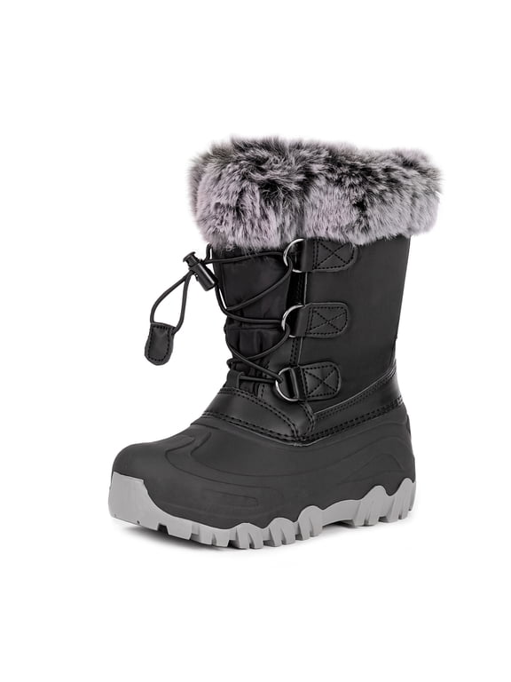 Kids Snow Boots Waterproof Winter Boots All Black Faux Fur Collar Bungee Lacing Outdoor Cold Weather Winter Boots for Boys Girls