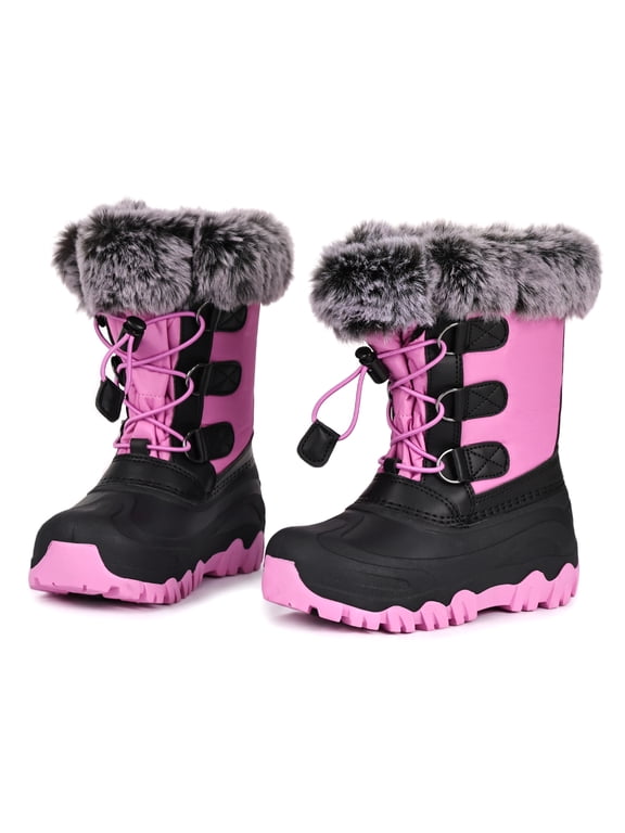 Girls Snow Boots Waterproof Winter Boots Hot Pink and Black Faux Fur Pom-Pom Collar Bungee Lacing Outdoor Winter Boots for Kids