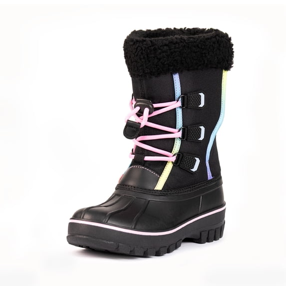 NIPAXO Girls Snow Boots Waterproof Winter Boots Black Rainbow Trim Faux Fur Cuff Slip Resistant Outdoor Winter Boots for Kids