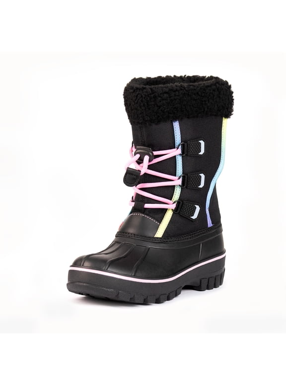 Girls Snow Boots Waterproof Winter Boots Black Rainbow Trim Faux Fur Cuff Slip Resistant Outdoor Winter Boots for Kids