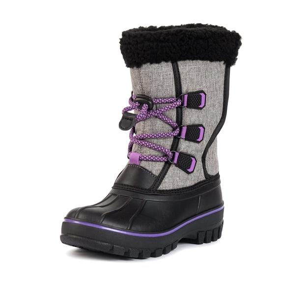 NIPAXO Kids Snow Boots Waterproof Winter Boots Grey and Black Purple Accents Sherpa Collar Bungee Lacing Outdoor Cold Weather Winter Boots for Boys Girls