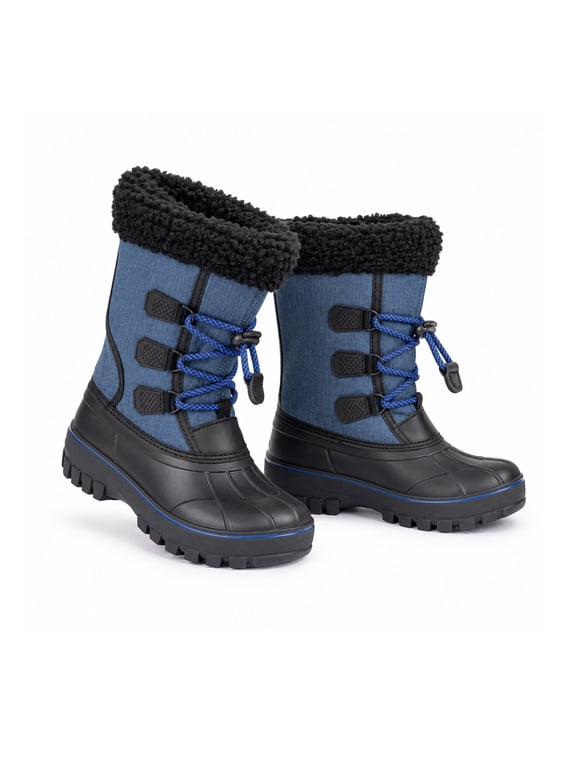Kids Snow Boots Waterproof Winter Boots Blue Fabric Upper Faux Fur Cuff Slip Resistant Outdoor Winter Boots for Boys Girls