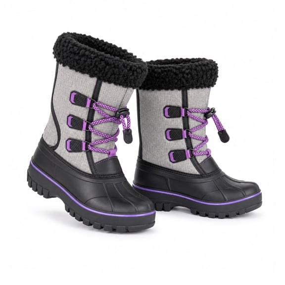 NIPAXO Kids Snow Boots Waterproof Winter Boots Grey and Black Purple Accents Sherpa Collar Bungee Lacing Outdoor Cold Weather Winter Boots for Boys Girls