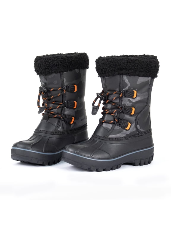 Kids Snow Boots Waterproof Winter Boots Black Camo Orange Accents Sherpa Collar Bungee Lacing Outdoor Cold Weather Winter Boots for Boys Girls