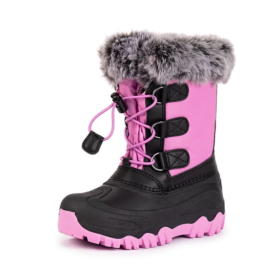NIPAXO Girls Snow Boots Waterproof Winter Boots Hot Pink and Black Faux Fur Pom-Pom Collar Bungee Lacing Outdoor Winter Boots for Kids