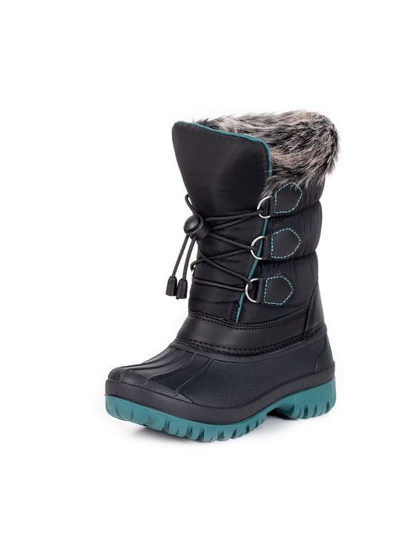 Kids Winter Snow Boots Black and Teal Colorblock Bungee Lacing Waterproof Outdoor Shoes for Boys Girls