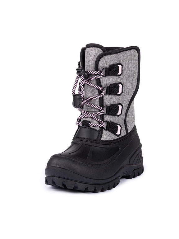 Girls Snow Boots Waterproof Winter Boots Grey Quilted Fabric Upper Pink Speckled Bungee Lacing Outdoor Winter Boots for Kids