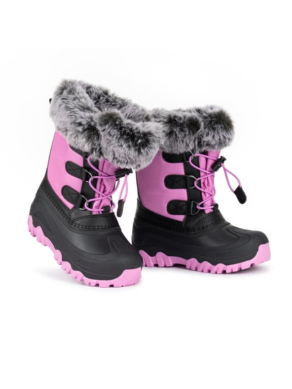 Girls Snow Boots Waterproof Winter Boots Hot Pink and Black Faux Fur Pom-Pom Collar Bungee Lacing Outdoor Winter Boots for Kids