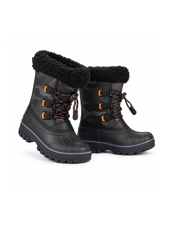 Kids Snow Boots Waterproof Winter Boots Black Camo Orange Accents Sherpa Collar Bungee Lacing Outdoor Cold Weather Winter Boots for Boys Girls