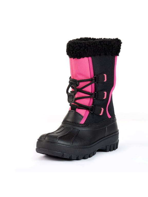 Girls Snow Boots Waterproof Winter Boots Black and Hot Pink Colorblock Faux Fur Trim Outdoor Winter Boots for Kids