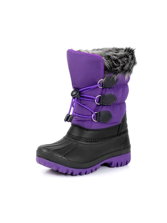Kids Snow Boots Waterproof Winter Boots Purple and Black Faux Fur Cuff Bungee Lacing Cold Weather Outdoor Shoes for Boys Girls