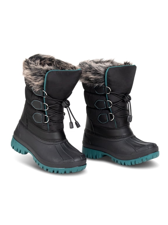 Kids Winter Snow Boots Black and Teal Colorblock Bungee Lacing Waterproof Outdoor Shoes for Boys Girls