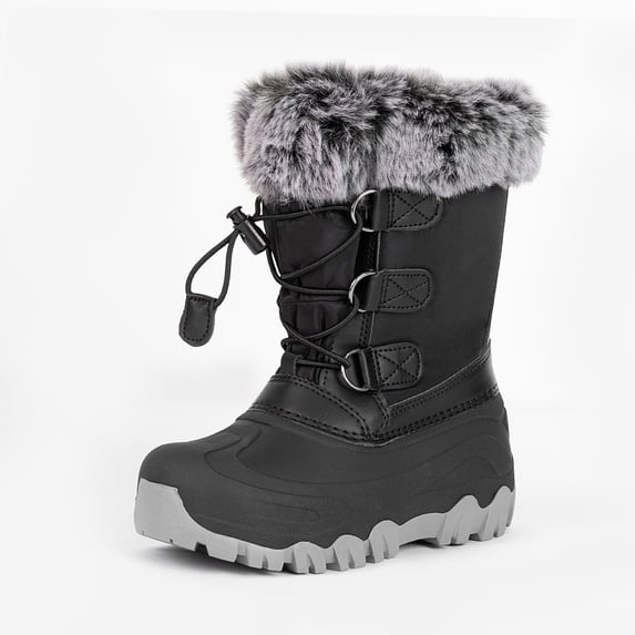 NIPAXO Kids Snow Boots Waterproof Winter Boots All Black Faux Fur Collar Bungee Lacing Outdoor Cold Weather Winter Boots for Boys Girls