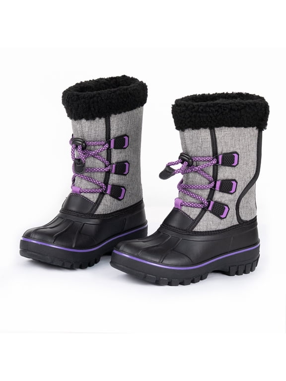 Kids Snow Boots Waterproof Winter Boots Grey and Black Purple Accents Sherpa Collar Bungee Lacing Outdoor Cold Weather Winter Boots for Boys Girls
