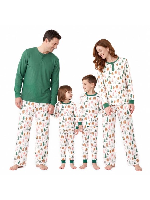 Matching Family Christmas Pajamas Set Gingerbread House & Tree Print Henley Top with Green Trim Pants for Men Women Kids