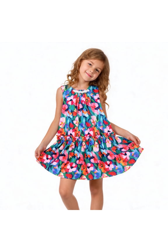 Girls Dress Sleeveless with Lace Collar Floral Print Ruffle Hem Cotton Blend Summer Casual Sundress for Girls and Toddlers 5-6Y