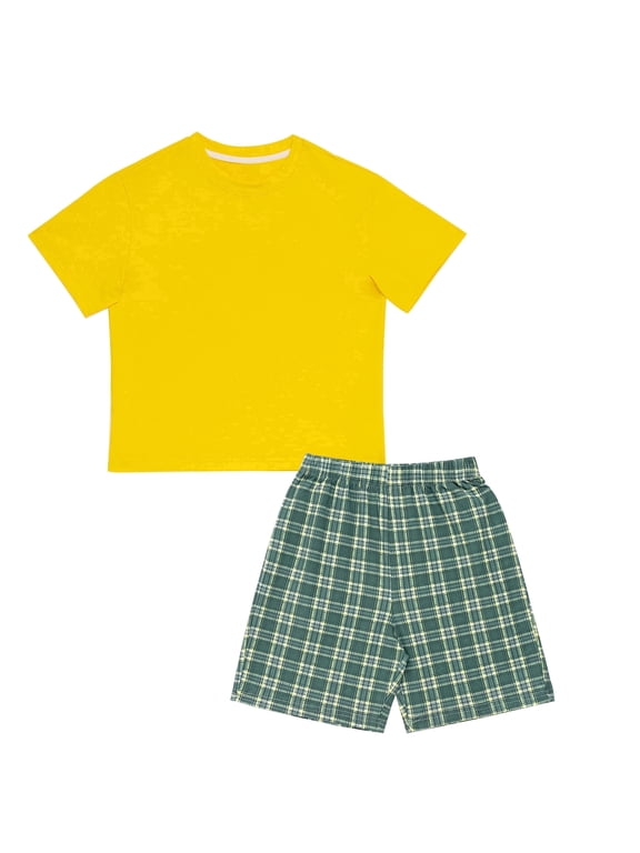 Boys Short Sets Vibrant Yellow T-Shirt and Green Plaid Shorts 2-Piece Summer Outfit Casual Activewear for Boys, Sizes 7-8 years old