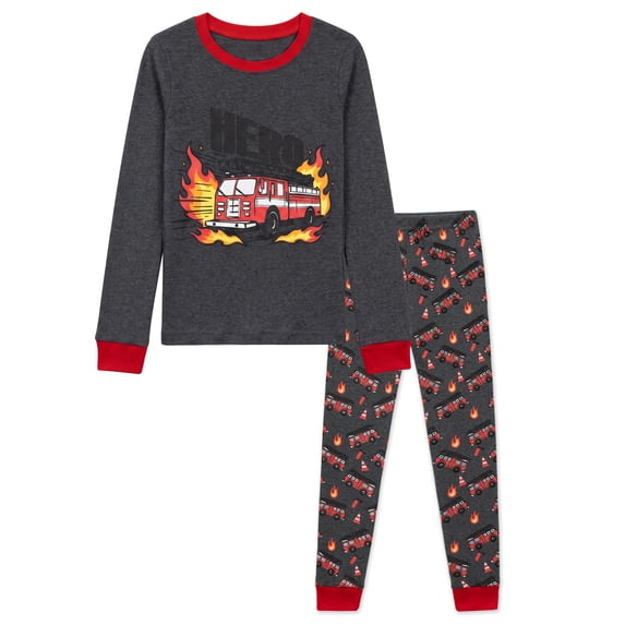 NIPAXO Toddler Boys Pajamas Set Long Sleeve Charcoal Grey "HERO" Fire Truck Graphic Thermal Sleepwear with Red Cuffs for Kids