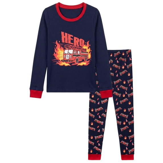 NIPAXO Toddler Boys Pajamas Set Long Sleeve "HERO" Fire Truck Graphic Thermal Firefighter Sleepwear with Red Cuffs