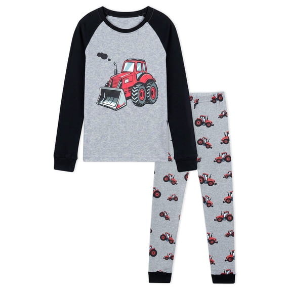 NIPAXO Toddler Boys Pajamas Set Long Sleeve Red Tractor Graphic Thermal Sleepwear with Black Raglan Sleeves for Kids
