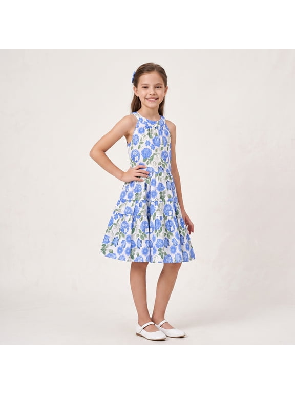 Girls Dress Floral Smocked Bodice Square Neck Ruffle Cuff Sleeveless Tiered A-Line Summer Fall Cotton Sundress for Kids