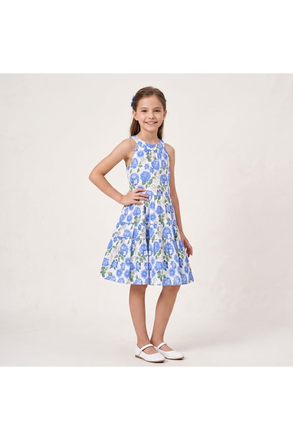 Girls Dress Floral Smocked Bodice Square Neck Ruffle Cuff Sleeveless Tiered A-Line Summer Fall Cotton Sundress for Kids