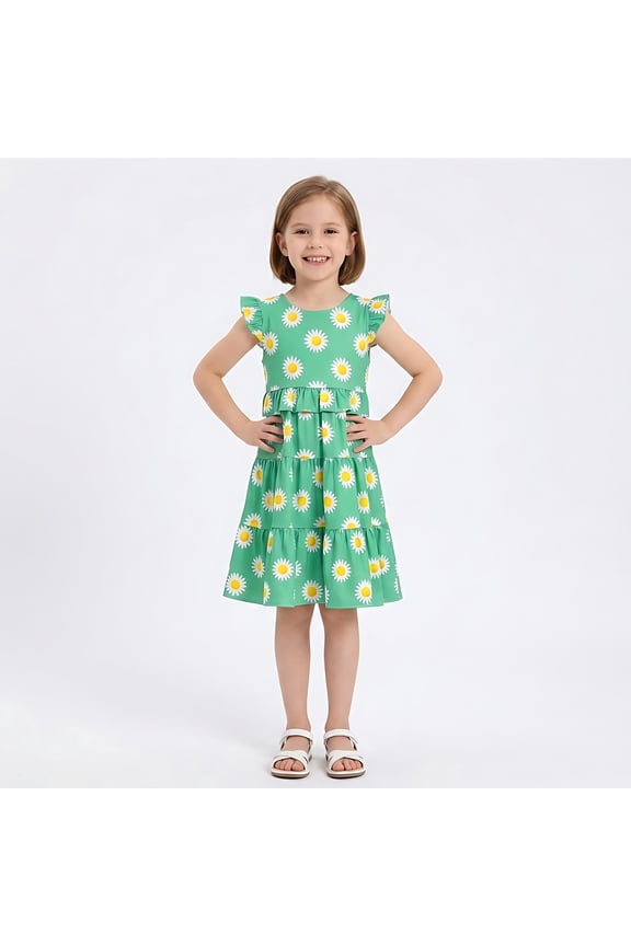 Girls Dress Summer Green Daisy Floral Print Sleeveless Tiered Ruffle Flutter Casual Sundress for Toddler Kids
