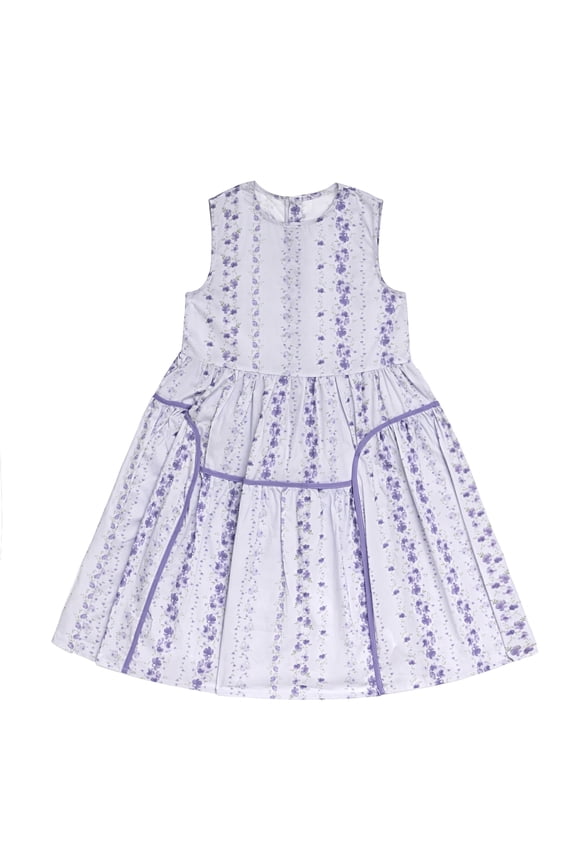 Girls Dress Lightweight Cotton Blend Vertical Purple Floral Stripe Print Curved Flounce Hem Piping Casual Sleeveless Dress for Girls Age 11-12Y (Purple)