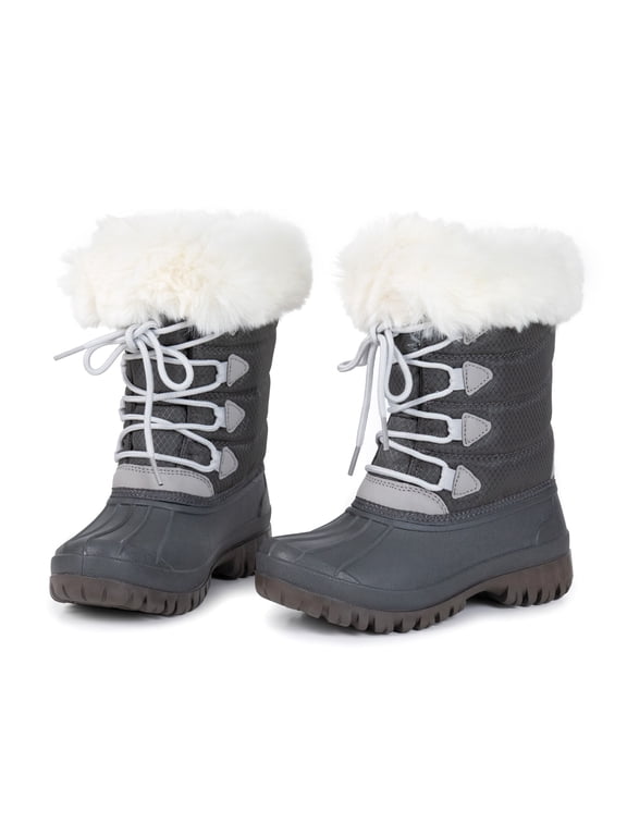 Kids Snow Boots Waterproof Winter Boots Grey Rubber Shell White Faux Fur Collar Classic Lace-Up Winter Boots for Boys Girls