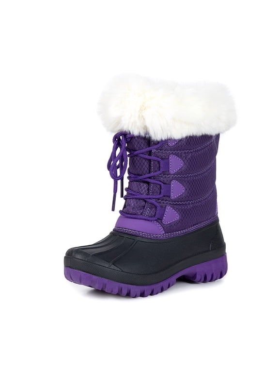 Kids Snow Boots Waterproof Purple and Black White Faux Fur Collar Classic Lace-Up Winter Boots for Boys Girls