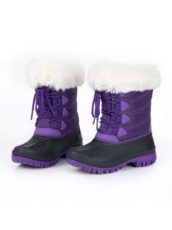 Kids Snow Boots Waterproof Purple and Black White Faux Fur Collar Classic Lace-Up Winter Boots for Boys Girls