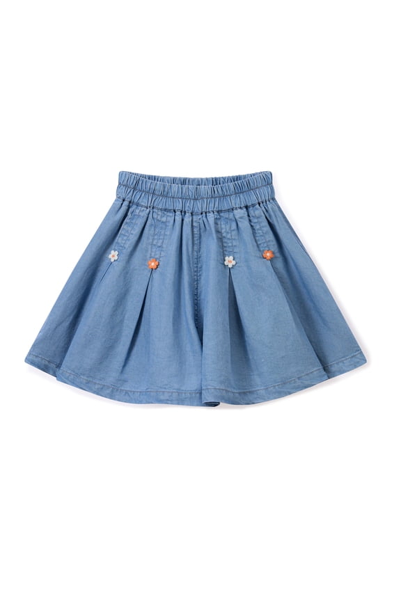 Girls Denim Skirt Floral Embroidered Chambray A-Line Summer Skirt Casual Jean Skirts for Girls, Blue, Sizes 4-5Y