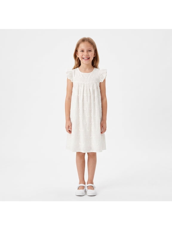 Girls Dress White Sleeveless Floral Embroidery Ruffle Trim Flowy Casual Boutique Sundress for Kids