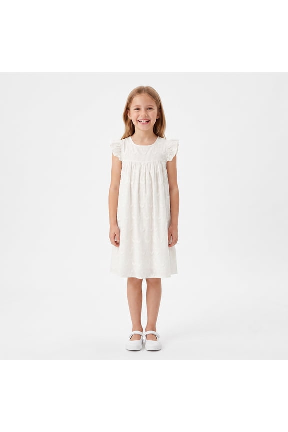 Girls Dress White Sleeveless Floral Embroidery Ruffle Trim Flowy Casual Boutique Sundress for Kids