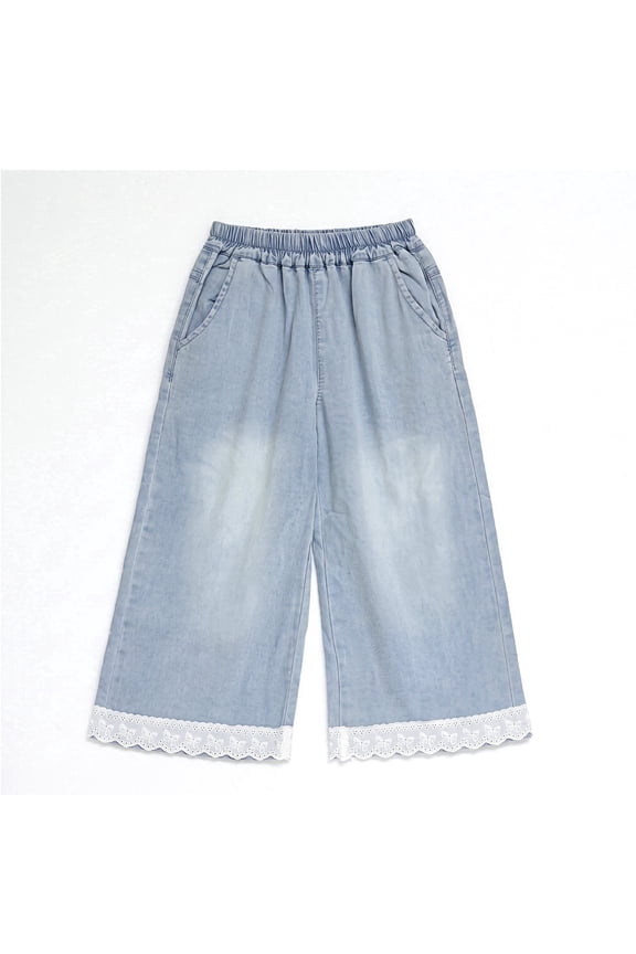 Girls Wide Leg Jeans Lace Trim Denim Culottes Elastic Waist Loose Fit Light Wash Jean Pants for Girls, Blue, Sizes 4-5Y