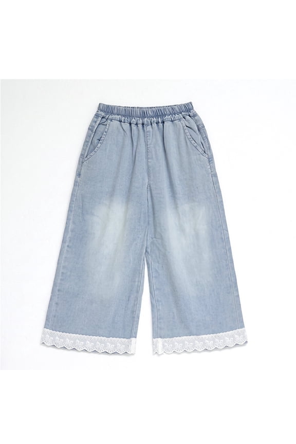 Girls Wide Leg Jeans Lace Trim Denim Culottes Elastic Waist Loose Fit Light Wash Jean Pants for Girls, Blue, Sizes 9-10Y