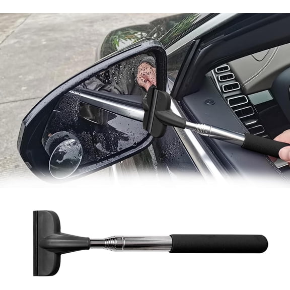 NIRHekf Car Mirror Squeegee Telescopic Rearview Window Cleaner with Long Handle for Interior & Exterior Glass, Side Mirror & Windshield Wiper Tool (Black, 1Pc)