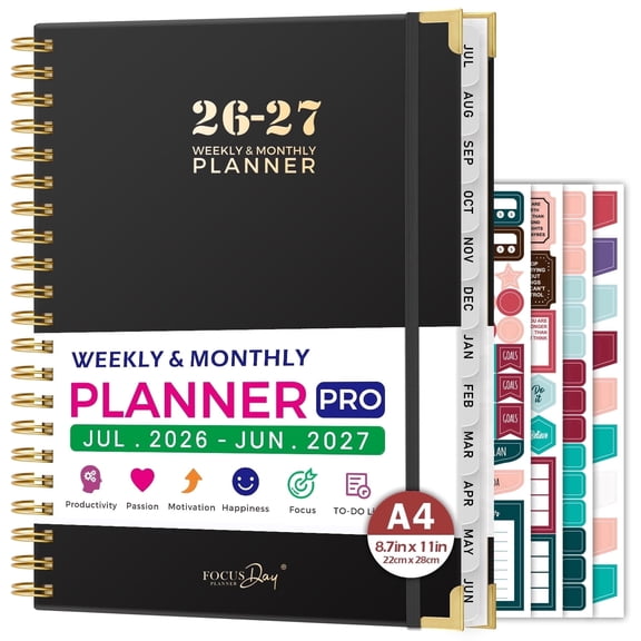 NIRMIRO 2026-2027 Academic Planner, Hardcover Large Jul.2026 to Jun.2027 A4 Spiral Hardcover Planner with Weekly & Monthly Layouts, 8.5"x11", 12 Month Tabs, 4 Stickers, Inner Pocket, for School