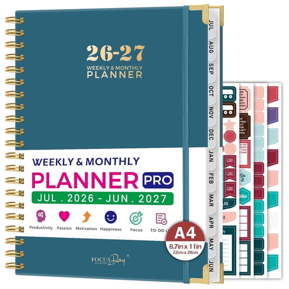 NIRMIRO 2026-2027 Academic Planner, July 2026 to June 2027 Large A4 Weekly & Monthly Spiral Planner, 8.5"x11" , Monthly Tabs & 4 Stickers for School & Office Schedule