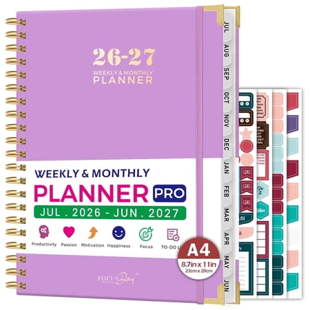 NIRMIRO 2026-2027 Academic Planner, Hardcover Large Jul.2026 to Jun.2027 A4 Spiral Hardcover Planner with Weekly & Monthly Layouts, 8.5"x11", 12 Month Tabs, 4 Stickers, Inner Pocket, for School
