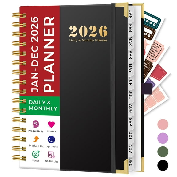 NIRMIRO 2026 Daily & Monthly Planner - Hardcover Spiral Calendar Book with Ruler, January to December 2026, Includes 12 Tabs, 4 Stickers & Inner Pocket, 8.4"x5.7" Planner for Time Management